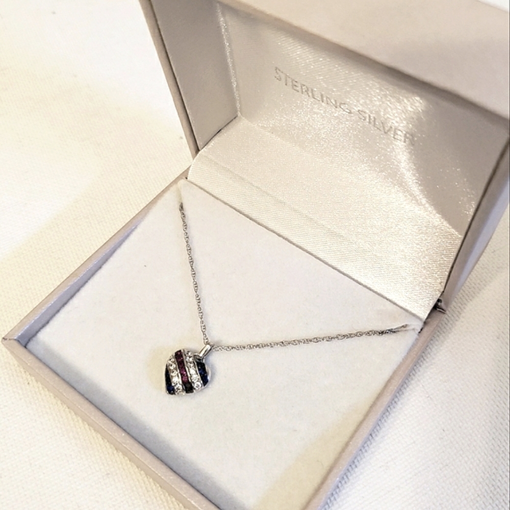 Sterling Silver Red White and Blue Heart Pendant Necklace